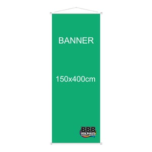 Banner em lona 150x400      Banner impresso em lona de alta qualidade no formato de 150x400cm com bastonete, ponteiras brancas e cordinha para pendurar.