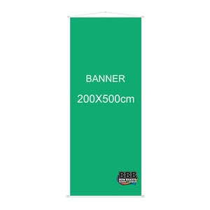 Banner em lona 200x500      Banner impresso em lona de alta qualidade no formato de 200x500cm com bastonete, ponteiras brancas e cordinha para pendurar.
