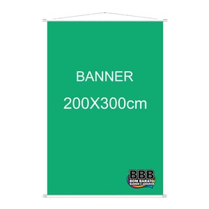 Banner em lona 200x300      Banner impresso em lona de alta qualidade no formato de 200x300cm com bastonete, ponteiras brancas e cordinha para pendurar.