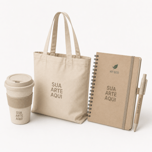 Kit Ecológico: ecobag, copo de café, caderneta e caneta      