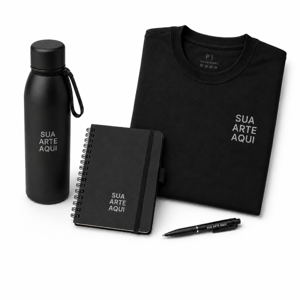 Kit Office: camiseta personalizada, , garrafa 600ml, caderneta e caneta      