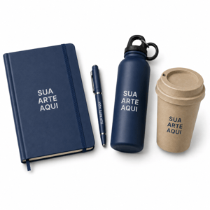 Kit Start: caderneta com caneta, squeeze e copo      