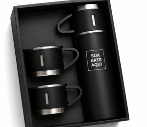 Kit Garrafa Térmica Inox 500ml Com 3 Xícaras Camping Viagem – Preto      
