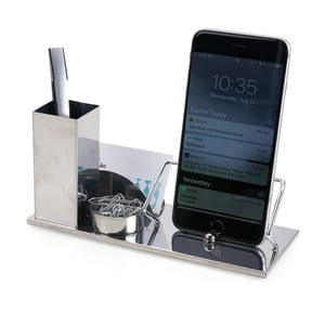 Kit Escritório 4 em 1 Inox Espelhado | Suporte para Celular, Canetas e Cartões - 13963