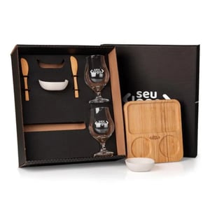 Kit Petisco, Patê e Cerveja 7 Peças | Brinde Gourmet com Taças e Base em Bambu - KT-9021B