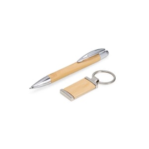 Kit Caneta e Chaveiro em Bambu e Metal com Estojo Premium - 18835