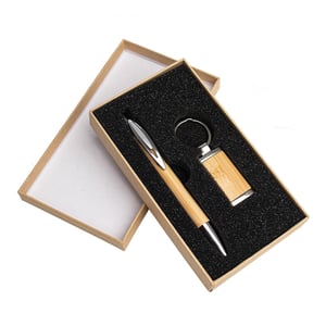 Kit Caneta e Chaveiro em Bambu e Metal com Estojo Premium - 18835