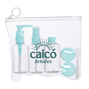 Kit Viagem 6 Peças Personalizado - Praticidade e Estilo em um Estojo - 18536 Frascos plásticos de alta qualidade e estojo em PVC com puxador plástico Kit Viagem 6 Peças Personalizado Área para gravação: Estojo 9 cm x 9 cm   Ideal para viagens, com frascos e potes práticos em um estojo ziplock