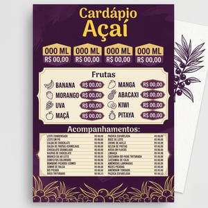Cardápio em PS 2mm Laminado Resistente e Personalizado | 23032605 PS 2mm 20x30cm Impressão colorida 4x0 - 1 lado Adesivo vinil premium Com laminação Cantos arrendondados Ideal para cardápios enxutos ou placas de balcão.