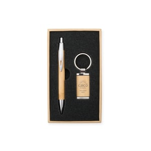 Kit Caneta e Chaveiro em Bambu e Metal com Estojo Premium - 18835