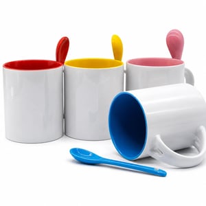 Caneca com colher Base Reta Personalizada Porcelana 9,5x21cm Impressão Colorida Sublimação  