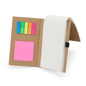 Bloco de Anotações com Autoadesivos      Formato: 19,5 cm x 11,4 cm. Possui aproximadamente 80 folhas marfim, bloco autoadesivo rosa com 25 folhas, autoadesivos coloridos (24 unidades) e suporte para caneta em nylon,
