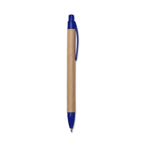 Caneta de papelão      Com detalhes plásticos, equipada com carga esferográfica azul de 1.0 mm e acionamento por clique. Dimensões: 13,9 cm de comprimento e 1,4 cm de largura.