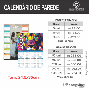 Calendário de parede com furo (pequena tiragem)