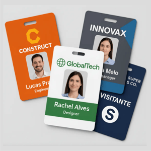 Crachá / Credencial PVC 0,76mm 8,5x5,4cm 4x4 - Impressão frente e verso Verniz cristal frente e verso Cordão comum 