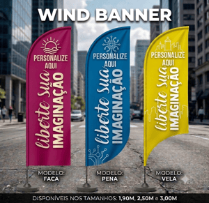 WIND BANNER tecido oxford - haste de aluminio P (1,90M)  M (2,50M)  G (3,00M) 4x4 Impressão Frente e Verso Colorido Sem verniz Costura overlock, completo com base e hastes 