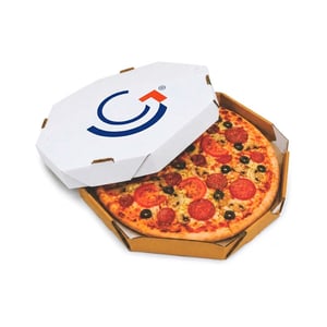 Caixa Pizza Branca Oitavada Personalizada Papelão Microondulado 33,4x4x33,4 cm, 25x4x25 cm, 30x4x30 cm CMYK  Impressão Digital 860x430 mm Aberta