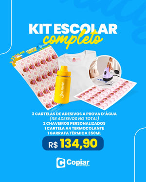 ETIQUETAS ESCOLARES KIT 3      3 cartelas de adesivos (118 adesivos no total) / 2 chaveiros personalizados /1 garrafa térmica 350ml ( gravação a laser )  1 cartela A4 termocolante