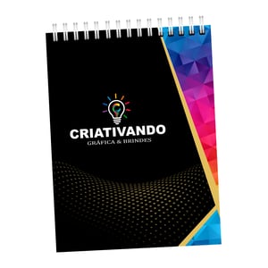 Bloco de Anotação Personalizado A6 - Capa Maleável Capa colche 250gr 10x15 cm Capa Colorida / Miolo Preto e Branco Uv Total com wire-o 