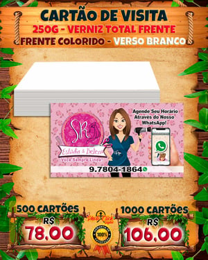 Cartao de Visita couchê 250g 48x88 4x0 cores vernis total frente Corte reto Primeira linha Arte Grátis