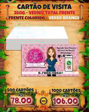 Cartao de Visita couchê 250g 48x88 4x0 cores vernis total frente Corte reto Primeira linha Arte Grátis