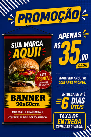 Banner Promoção Lona 440g 90x60 4x0 Lona Brilho 440g Bastão EM CIMA E EM BAIXO, sentido HORIZONTAL. Impressão em lona, Com bastão em cima e em baixo, sentido horizontal, com ponteiras branca e cordinha em cima.