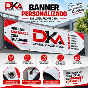 Banner Personalizado com Ilhós em Lona 280g Sob Medida Lona Front 280g Sob medida 4x0 – Colorido frente Sem revestimento ilhos em tota volta Produzido conforme a medida informada pelo cliente