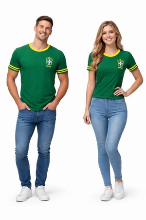 Camiseta BRASIL - Verde Gola Amarela Algodão   DTF  