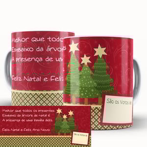 Caneca Personalizada com Nomes - Feliz Natal e Feliz Ano Novo 1 Caneca de Cerâmica 325ml Área de Impressão = 20 x 9,5cm    Após concluir o pagamento, clique em preencher formulário para anexar seu arquivo ou escrever seu texto