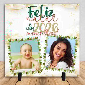 Azulejo Personalizado Com Duas Fotos - Natal e Ano Novo Cerâmica Branca Brilho 15x15cm ou 20x20cm    Após concluir o pagamento, clique em preencher formulário para anexar seu arquivo ou escrever seu texto