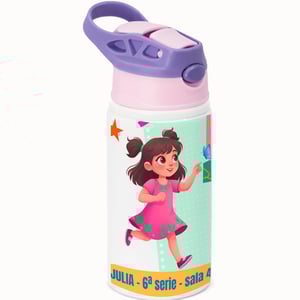 Squeeze de Alumínio Branco Infantil Tampa Rosa e Roxo Personalizado Alumínio Área de Impressão = 18(L) x 9(A)cm    Após concluir o pagamento, clique em preencher formulário para anexar seu arquivo ou escrever seu texto