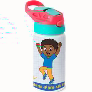 Squeeze de Alumínio Branco Infantil Tampa Verde e Vermelho Personalizado Alumínio Área de Impressão = 18(L) x 9(A)cm    Após concluir o pagamento, clique em preencher formulário para anexar seu arquivo ou escrever seu texto