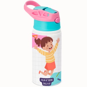 Squeeze de Alumínio Branco Infantil Tampa Azul e Rosa Personalizado Alumínio Área de Impressão = 18(L) x 9(A)cm    Após concluir o pagamento, clique em preencher formulário para anexar seu arquivo ou escrever seu texto