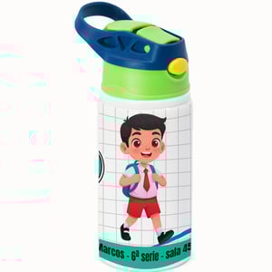 Squeeze de Alumínio Branco Infantil Tampa Verde e Azul Personalizado Alumínio Área de Impressão = 18(L) x 9(A)cm    Após concluir o pagamento, clique em preencher formulário para anexar seu arquivo ou escrever seu texto