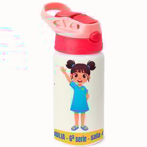 Squeeze de Alumínio Branco Infantil Tampa Rosa Personalizado Alumínio Área de Impressão = 18(L) x 9(A)cm    Após concluir o pagamento, clique em preencher formulário para anexar seu arquivo ou escrever seu texto