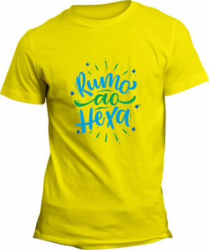 Camiseta Amarela Unissex Personalizada Pronta - Rumo ao Hexa Poliéster Área de Impressão = 20x28cm Impressão frente   