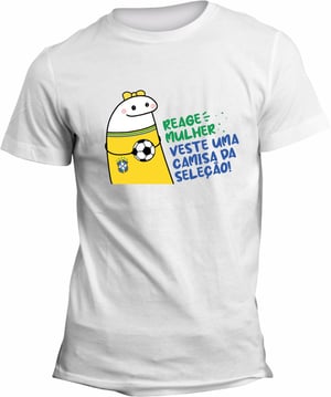 Camiseta Branca Unissex Personalizada Pronta - Reage Mulher Poliéster Área de Impressão = 20x28cm Impressão frente   