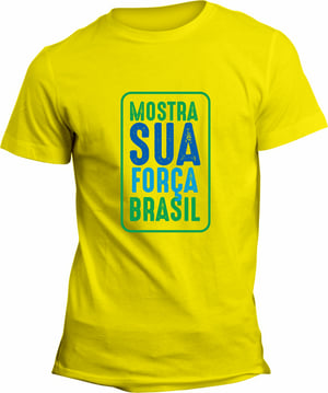 Camiseta Amarela Unissex Personalizada Pronta - Força Brasil Poliéster Área de Impressão = 20x28cm Impressão frente   