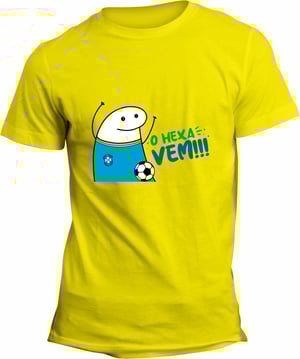 Camiseta Amarela Unissex Personalizada Pronta - O Hexa Vem Poliéster Área de Impressão = 20x28cm Impressão frente   