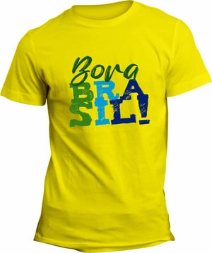Camiseta Amarela Unissex Personalizada Pronta - Bora Brasil Poliéster Área de Impressão = 20x28cm Impressão frente   