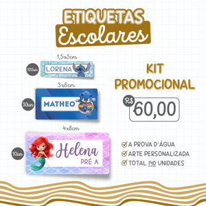 Etiquetas Escolares Adesivo Vinil Fosco 100un 1,5x5cm | 30un 3x6cm | 10un 4x8cm 4X0 - Colorido Frente Verniz Recorte especial em Cartela Cada Kit - 140 unidades