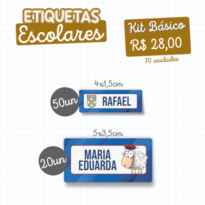 Etiquetas Escolares - KIT BÁSICO Adesivo Vinil Fosco 50un 4x1,5cm | 20un 5x3,5cm 4X0 - Colorido Frente Verniz Recorte especial em Cartela Cada Kit - 70 unidades