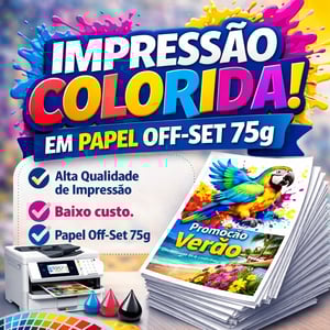 Impressão A4, Jato de Tinta Pigmentada, Papel Off-set 75g - 4x0 cores Off-set 75g 21x29,7cm 4x0 Sem verniz Corte Reto Sem acabamento (Folhas soltas). Para impressão frente e verso, comprar o dobro de impressões.