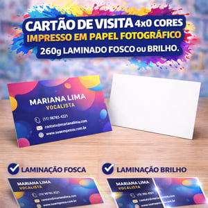 Cartão de visita_Impressão Só Frente_Corte Reto Papel Fotográfico 260g 9x5cm 4x0 Laminação BOPP Frente e Verso Corte Reto 
