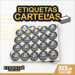 Etiquetas cartelas 1.000 unidades 3x3cm Vinil + impressão eco-solvente 3x3cm   Meio Corte e refile em cartelas 