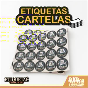 Etiquetas cartelas 1.000 unidades 4x4cm Vinil + impressão eco-solvente 4x4cm   Meio Corte e refile em cartelas 