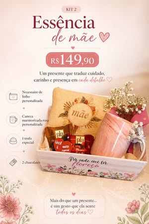 KIT 2 - ESSÊNCIA DE MÃE     Contem: Uma linda necessaire de linho personalizada + Uma caneca marmorizada rosa personalizada + Chocolates especiais 