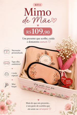 KIT 4 - MIMO DE MÃE     Contem: Uma necessaire totalmente personalizada + Um tapa olhos personalizado + Chocolates + Mini buque 