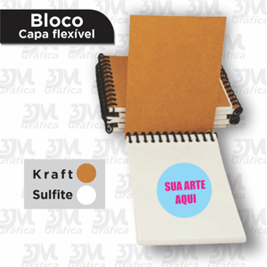 Bloco anotações - Capa flexivel Capa offset ou Kraft 180g 10x15cm   Espiral plástico 80 folhas brancas