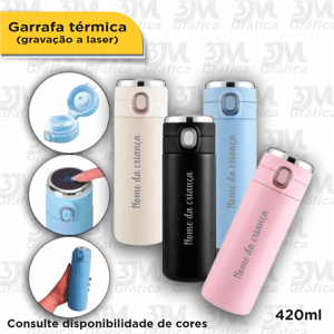 Garrafa Térmica com bico e marcador de temperatura 420ml    Gravação Laser 